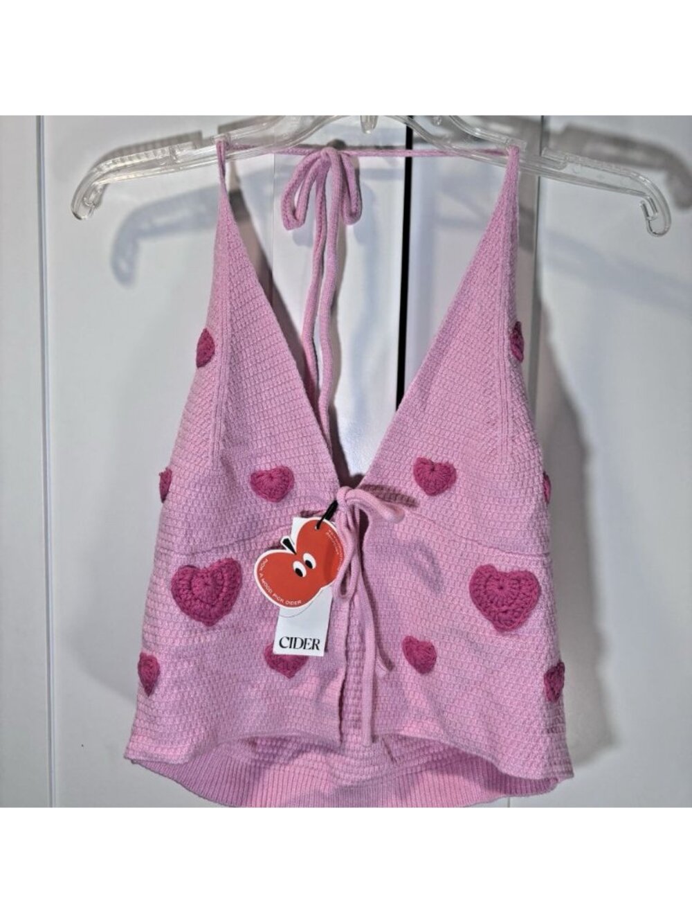 NWT Cider Crochet Top Halter Tie Pink Red Festival Y2K Hearts Women’s XL new tag